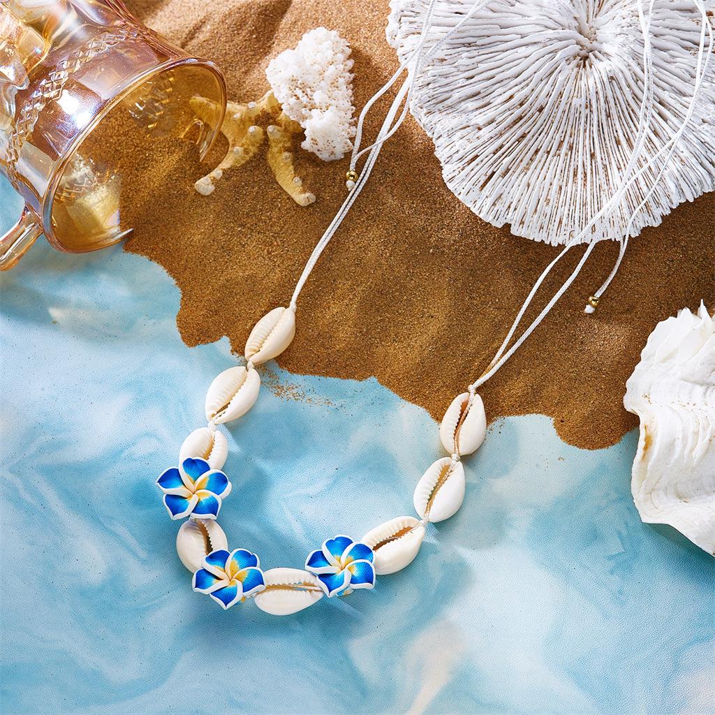Boho Beach Necklace for Women Handmade Shell and Hibiscus Flower Pendant Summer Vacation Jewelry Tropical Resort Accessory Lightweight Bohemian Style Necklace