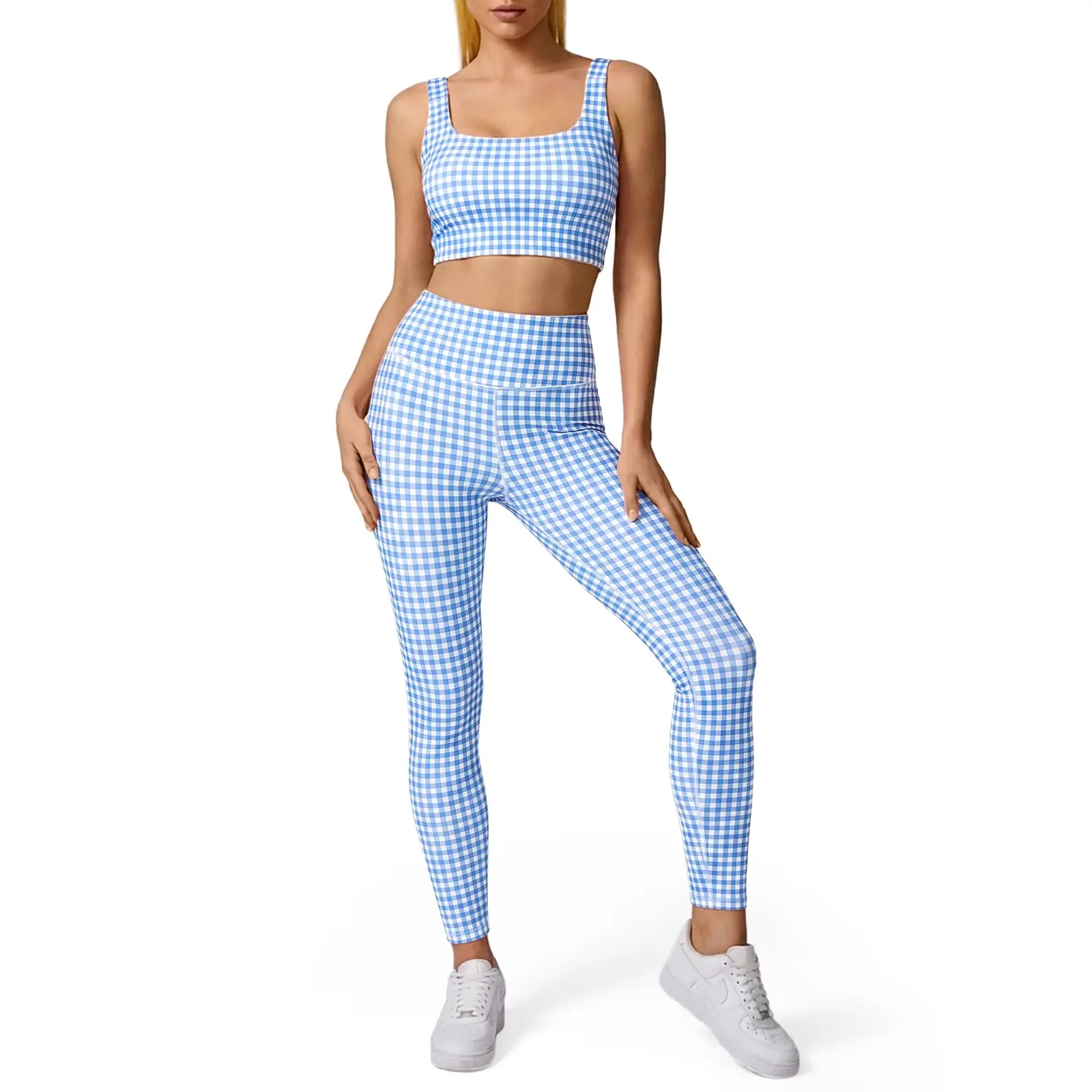 Aoysky Women's Sporty Gingham Print 2-Piece Matching Yoga Set with Padded Crop Tank and High Waist Leggings, Matching Outfits, Female, Plain, Pants, Gym Workout Set, Athletic Yoga Set