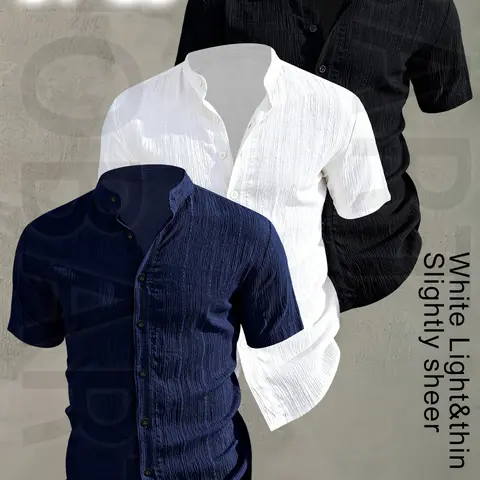 3pcs Set Men's Summer Short Sleeve - Lightweight Breathable Plain Color Button-Up Casual Shirt with Stand Collar, Low-cut collar designr Beach Vacation, Pool Party & Casual Attire, Beach Shirt, Shirt Pack, gift for husband