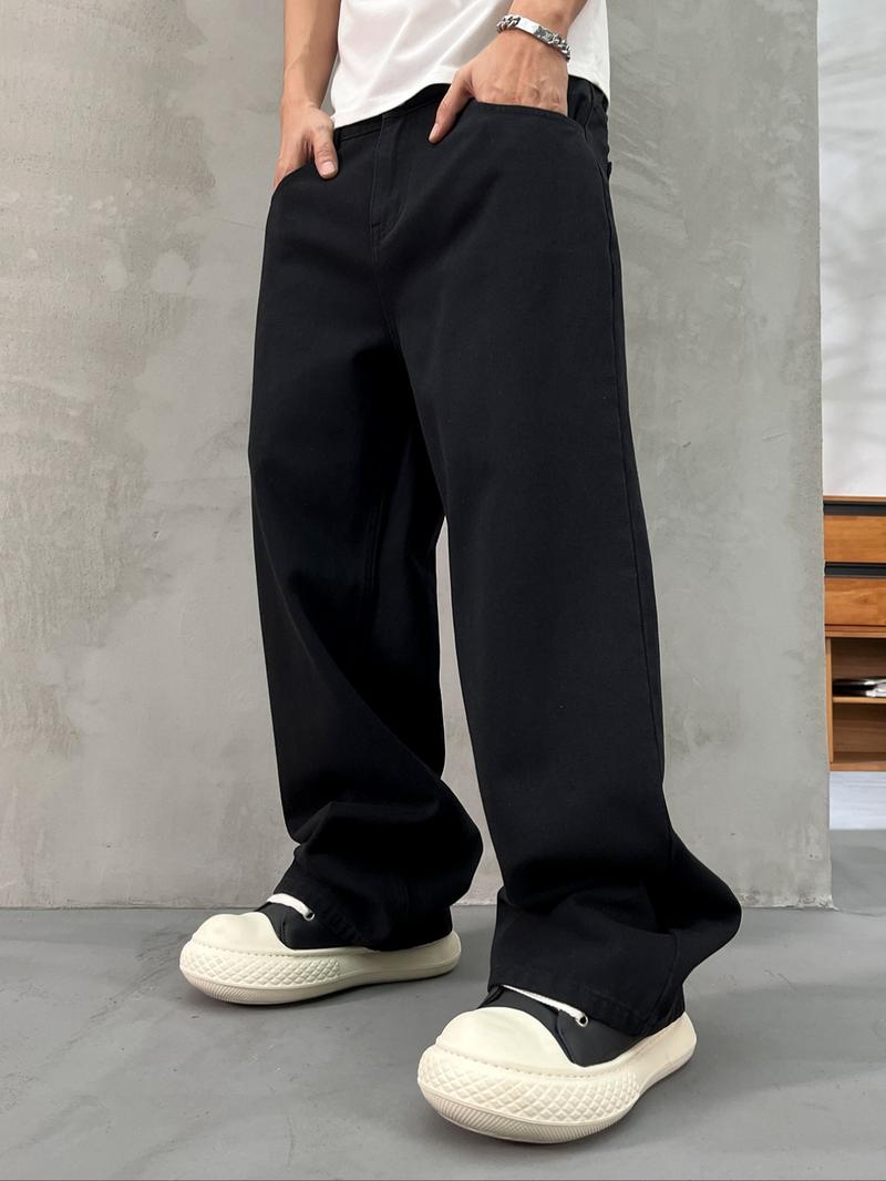 Men's Solid Color Wide Leg Jeans, Loose Casual Comfy Denim Trousers for Daily Wear, Fashion Men's Bottoms for All Seasons