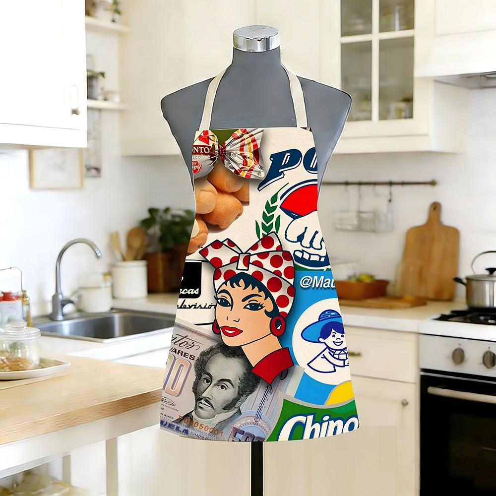 Pop Art Vintage Girl Print Kitchen Apron, Retro Collage Style Women's Chef Apron, Stain-Resistant Durable Cooking Apron