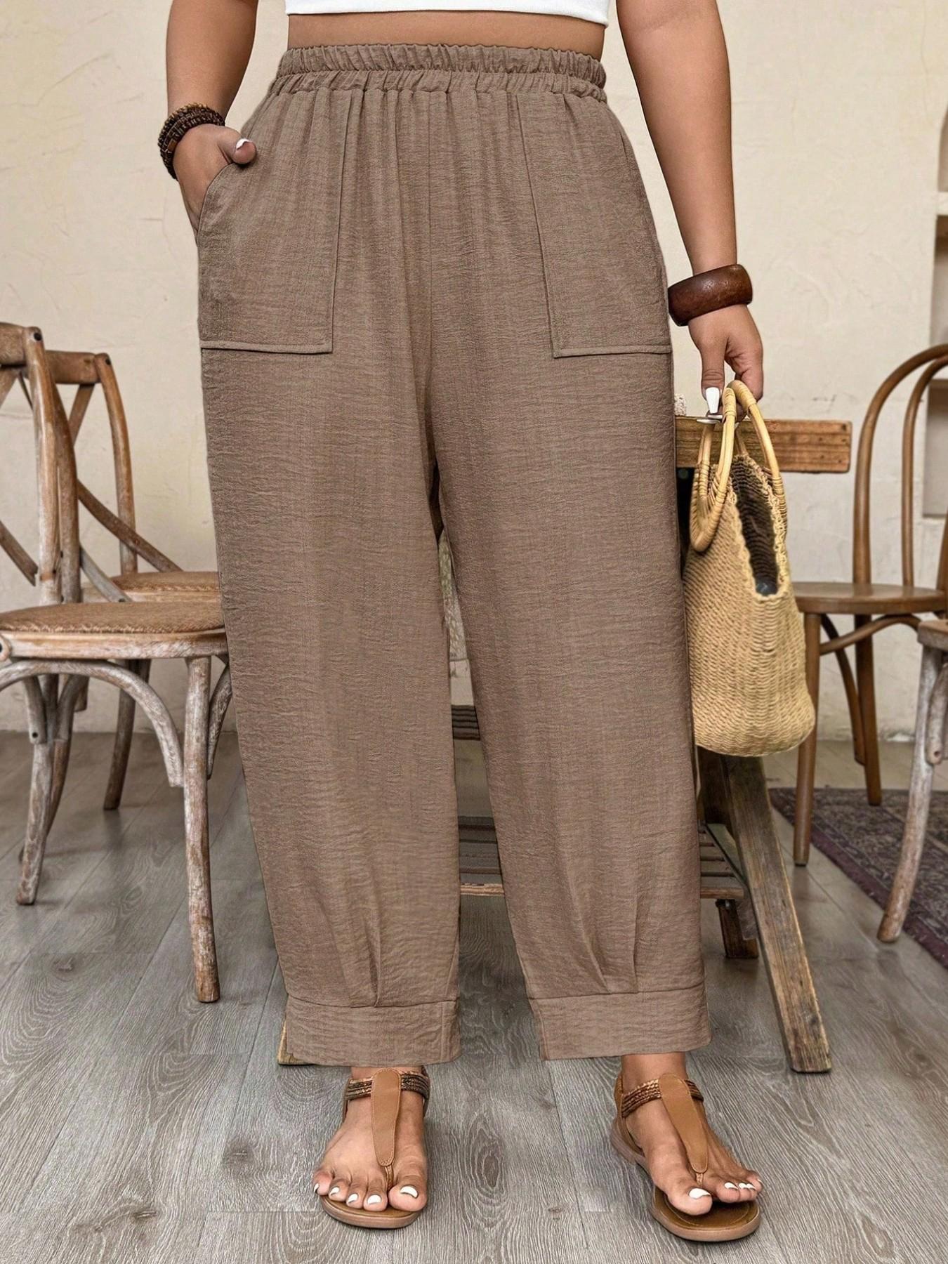 Plus Size Casual Elastic Waist Loose Fit Trousers, Breathable Lightweight Fabric, Y2K Clothes Summer Outfits, Trendy Vacation Daily Wear, Comfortable Relaxed Fit Work Casual Bottoms