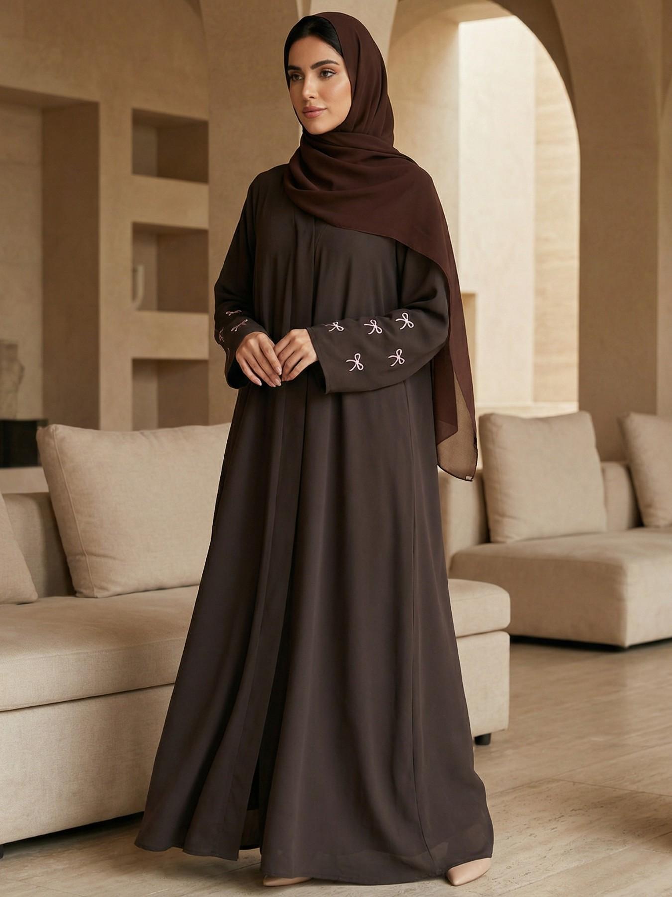 Hafizah Butterfly Knot Embroidered Long Cardigan Scarf Set, Loose-Fitting Outerwear for All Seasons, Casual Women's Fashion