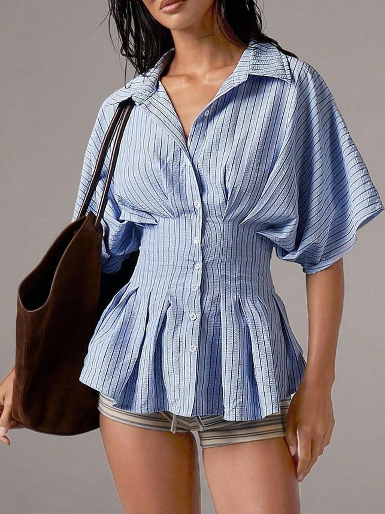 Women's Striped Aesthetic Shirt Blouse, Casual Short Batwing Sleeve Collar Top for Daily Wear, Ladies Clothes for Work Office Business Womenswear