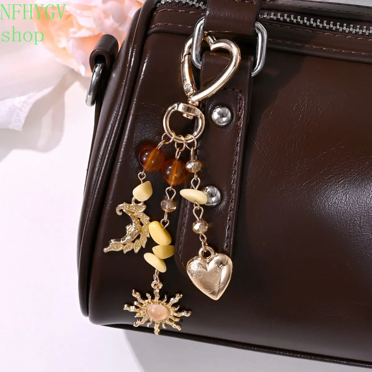 Boho Heart Moon Sun Bag Charm, Gold Tone Keychain, Amber Bead Crystal Pendant With Tassel, Vintage Purse Hanging Ornament For Women And Gift