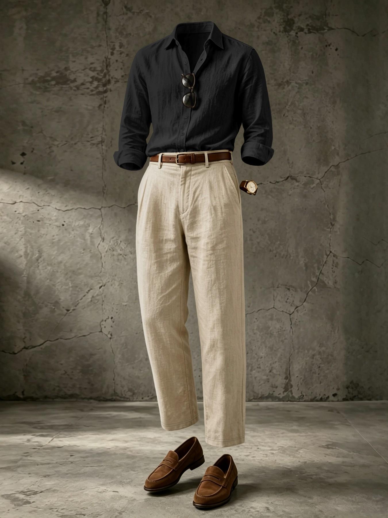 Men's Linen Set, Casual Loose-Fit Blouse and Pants, Long Sleeve Button-Down Shirt, Business Daily Wear, Formal, All Seasons