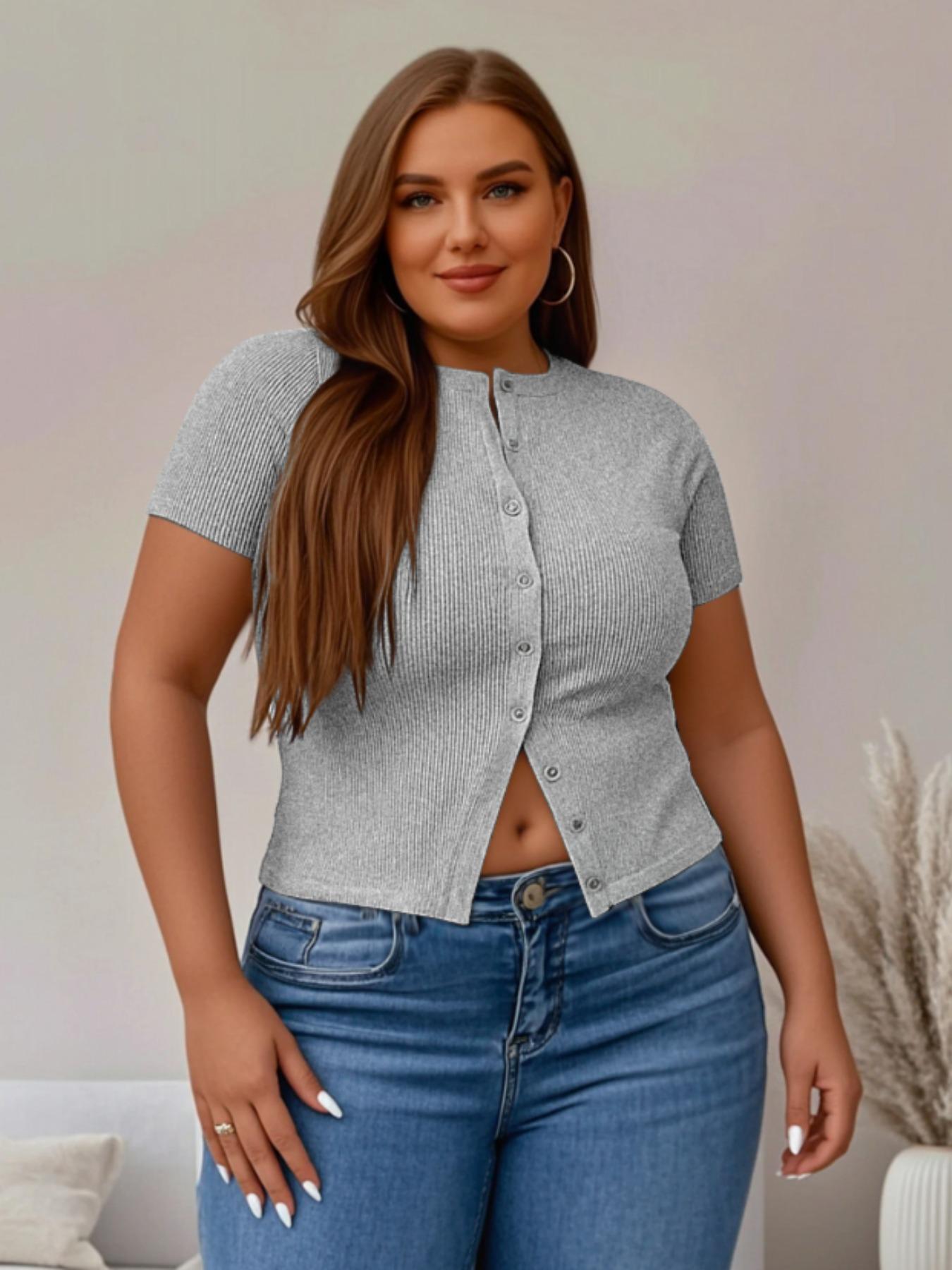【Plus Size】 Solid Ribbed Short Sleeve Top, Casual Button Front Top for Summer, Women's Plus Clothing for Daily Wear 【Plus Size】 Solid Ribbed Short Sleeve Top, Casual Button Front Top for Summer, Women's Plus Clothing for Daily Wear
