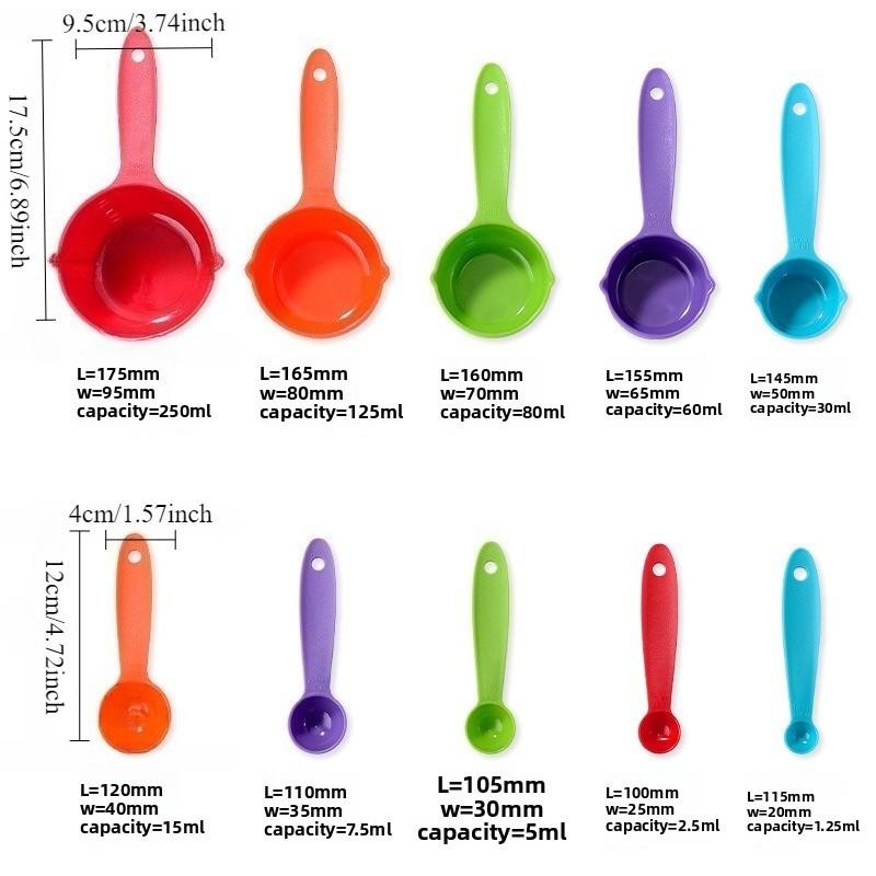10 Piece Colorful Measuring Cups Set, Plastic Kitchen Tools for Baking and Cooking, Precise Home Measurement Kit, Return-To-School Essentials