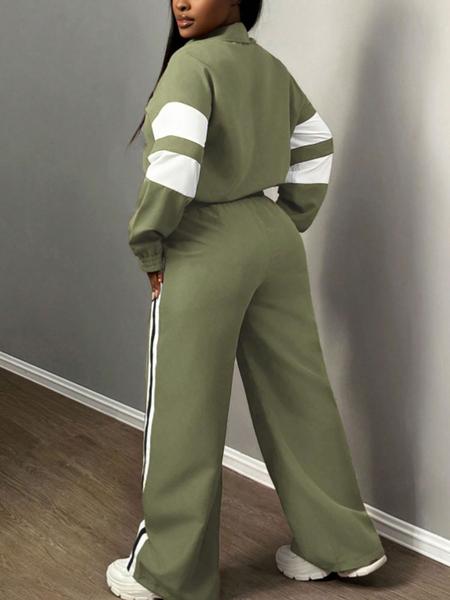 Women's Zipper Jacket & Striped Wide-Leg Pants Set, Streetwear & Casual, Two-Piece Suit for Daily Wear, Airport Outfit