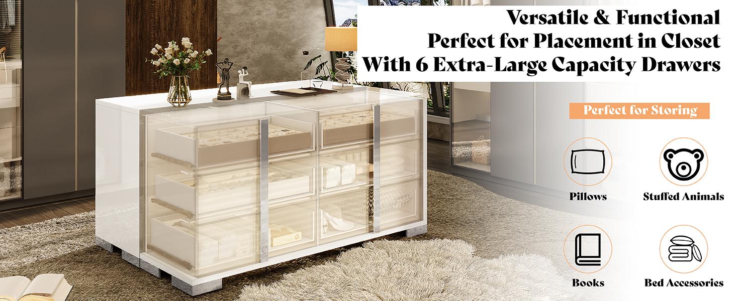 VanAcc Minimal High Gloss 5/6 Drawers Dressers with Silver Grooved Handles, Aesthetic Design, Modern Storage Chest of Drawers with Wide Tabletop, Storage Cabinet for Bedroom, Dressing Room, Living Room