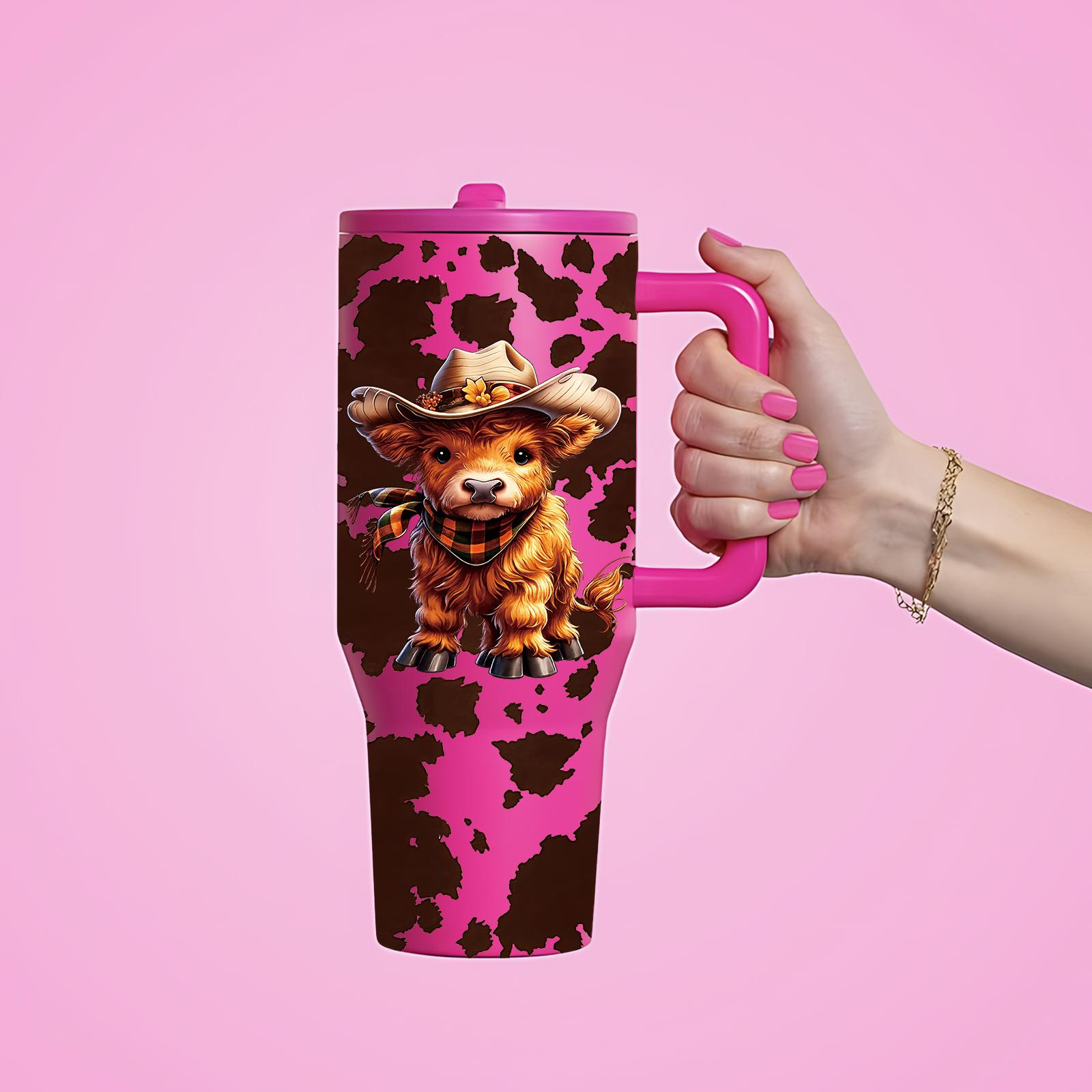 40oz Farm Style Car Travel Mug with Handle, Cute Highland Cow Design, Cow Print Pattern, Large Capacity Tumbler for Hot & Cold Drinks, Fits Car Cup Holder, Leak Resistant Lid, Western Country Gift for Women Men, Road Trip Coffee Cup