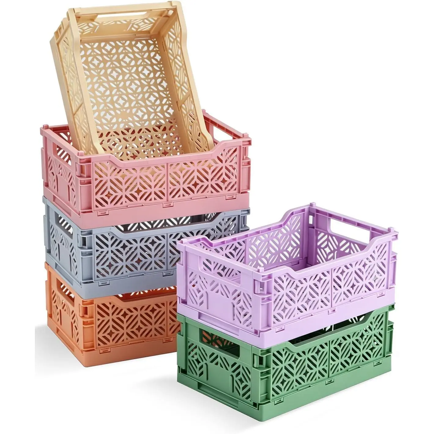 6-Pack Mini Collapsible Storage Baskets for Desk Organization(8.6×5.8×3.5) | Pastel folding crates with label slots. Stackable space-saving bins  for dorms, crafts, and drawer clutter control.