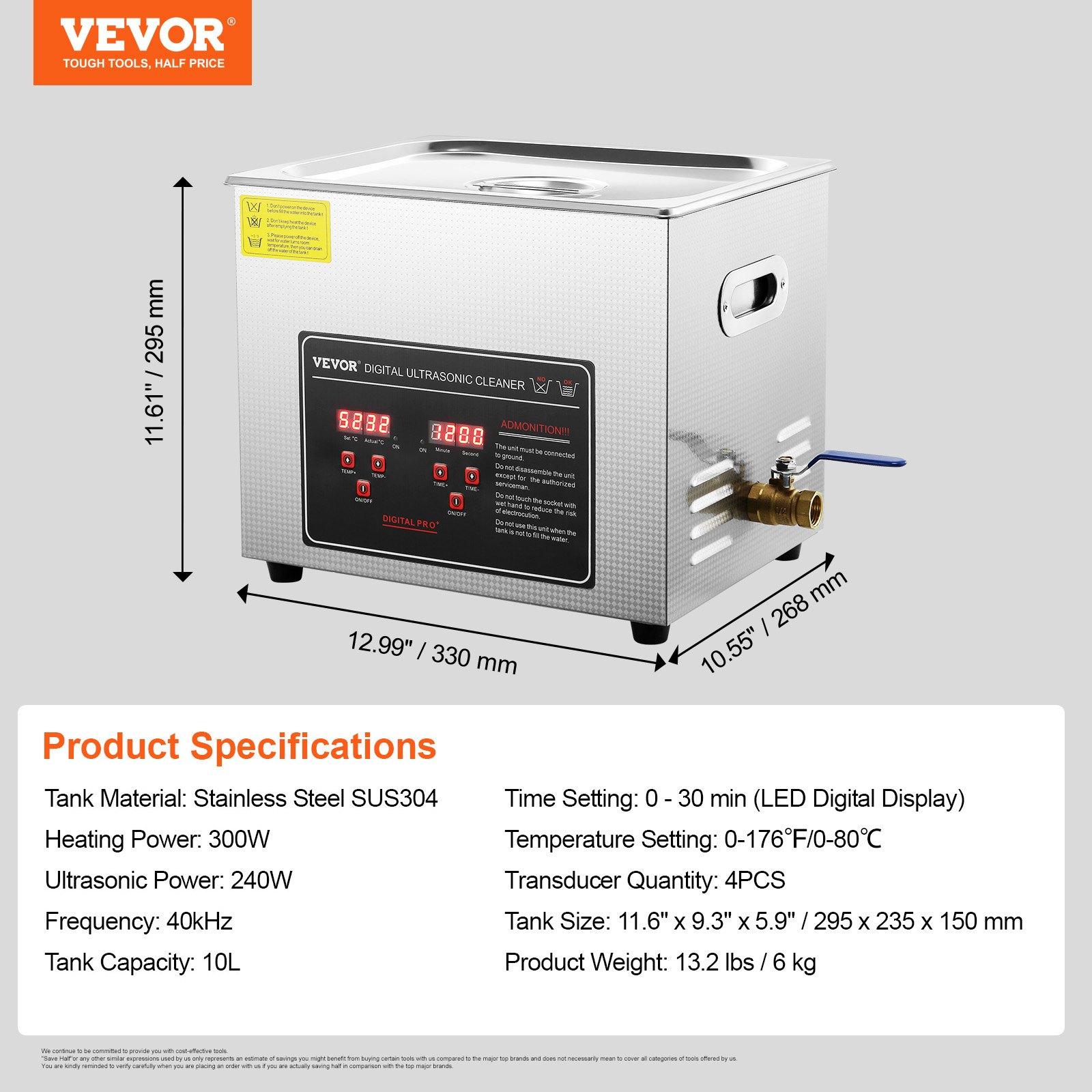 fathersdaygift VEVOR Ultrasonic Cleaner with Digital Timer Heater, Professional Ultra Sonic Jewelry Cleaner, Stainless Steel Heated Cleaning Machine for Glasses Watch Rings Small Parts Circuit Board (10L)