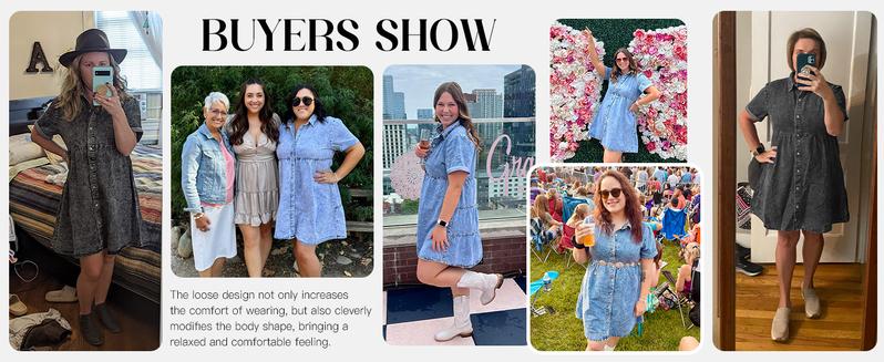 FMEYOA Womens Summer Denim Dress Button Down Short Sleeve Babydoll Dress Puff Sleeve Flowy Jean Dress