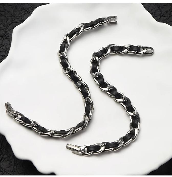 Titanium steel leather bracelet men's trend high-end sense personality niche design jewelry high-end bracelet Cuban wrist accessories