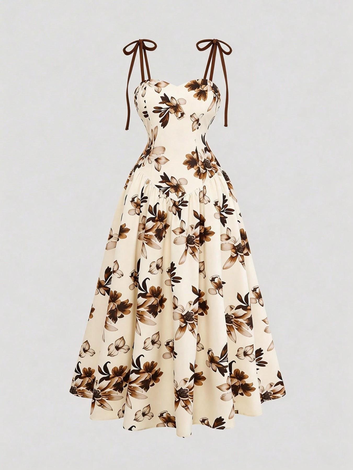 Women's Apricot Brown Floral Print Vintage Spaghetti Strap A-Line Dress, Evening Party Formal Dress, Summer Elegant Flowy French Bohemian Dress for Beach Music Festival Holiday
