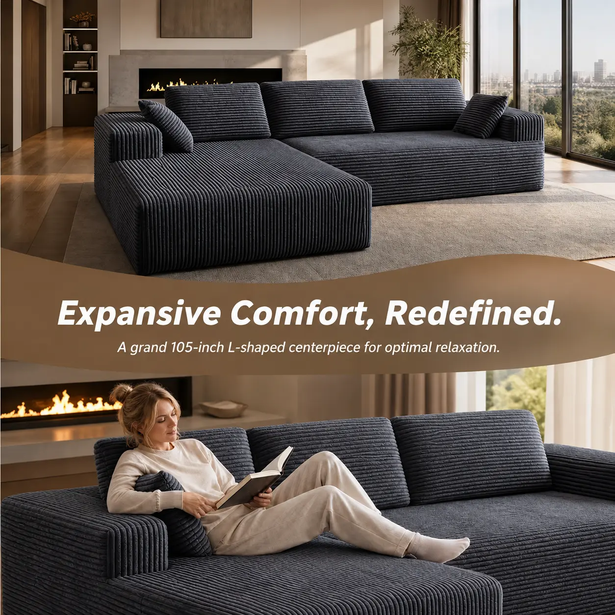 Extra large L-shaped sofa with lounge chair, minimalist compression frame sofa, no assembly required, modular cloud combination sofa, suitable for living room and bedroom, right side lounge chair, plush corduroy