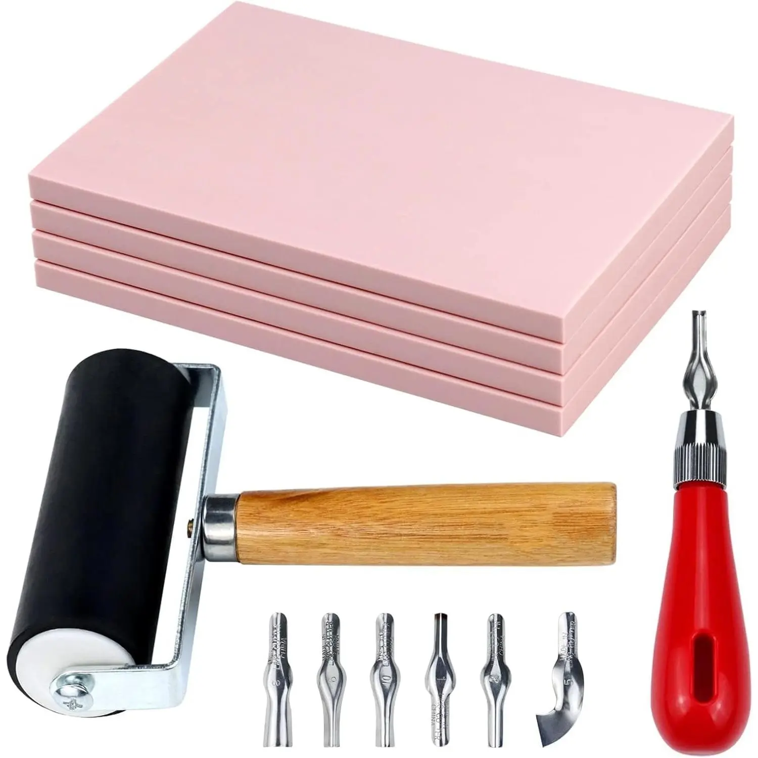 Kit for Printmaking & Stamp Carving - 4Pcs 4"x6" Soft Rubber Linoleum Blocks with Brayer Roller & Carving Tools for Beginner & Artist Block Printing Craft Supplies