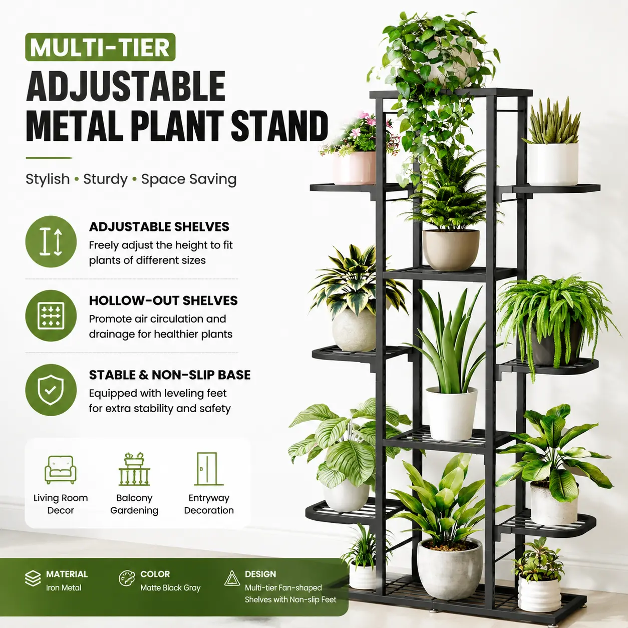 Plant Stand Indoor Outdoor Tiered Adjustable Tall Plant Shelf Rack | 5/7 Tier Plant Shelves Multiple Flower Holder Planter Rack, Holds Up to 9/12 Potted Plants, Storage Organizer Display for Patio Porch Living Room Garden Balcony