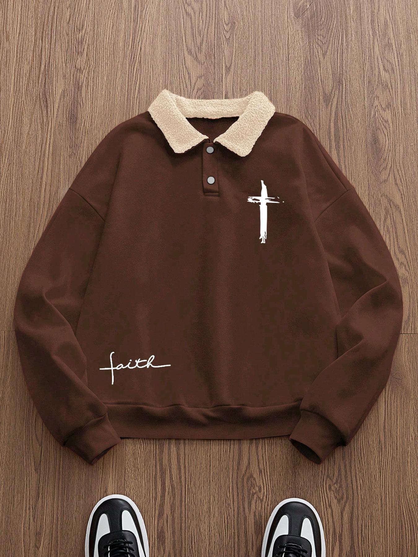 Trendy Retro Lamb Wool Collar Sweatshirt, Cross Print Polo Shirt
