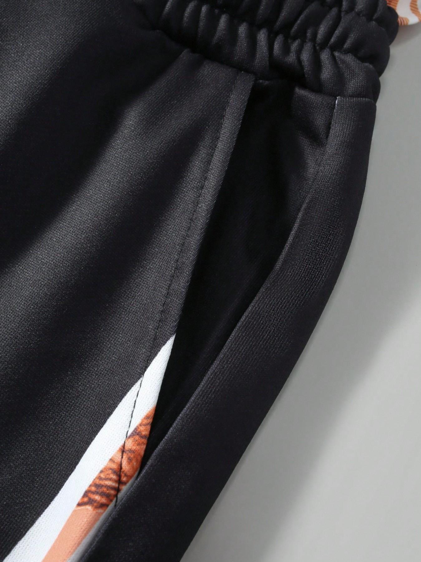 Men's Vintage Twin Eagle Badge Striped Sports Pants, Elastic Waist Drawstring Streetwear Wide Leg Pants, American Retro Casual Sweatpants