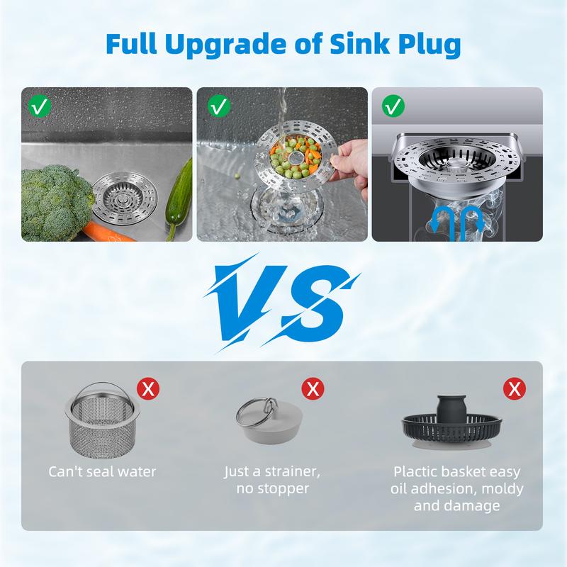 3-in-1 Kitchen Sink Drain Strainer, Stainless Steel Sink Plug, Deodorizing Anti-Clog Basket Strainer for US Standard 3-1/2 Inch Drains