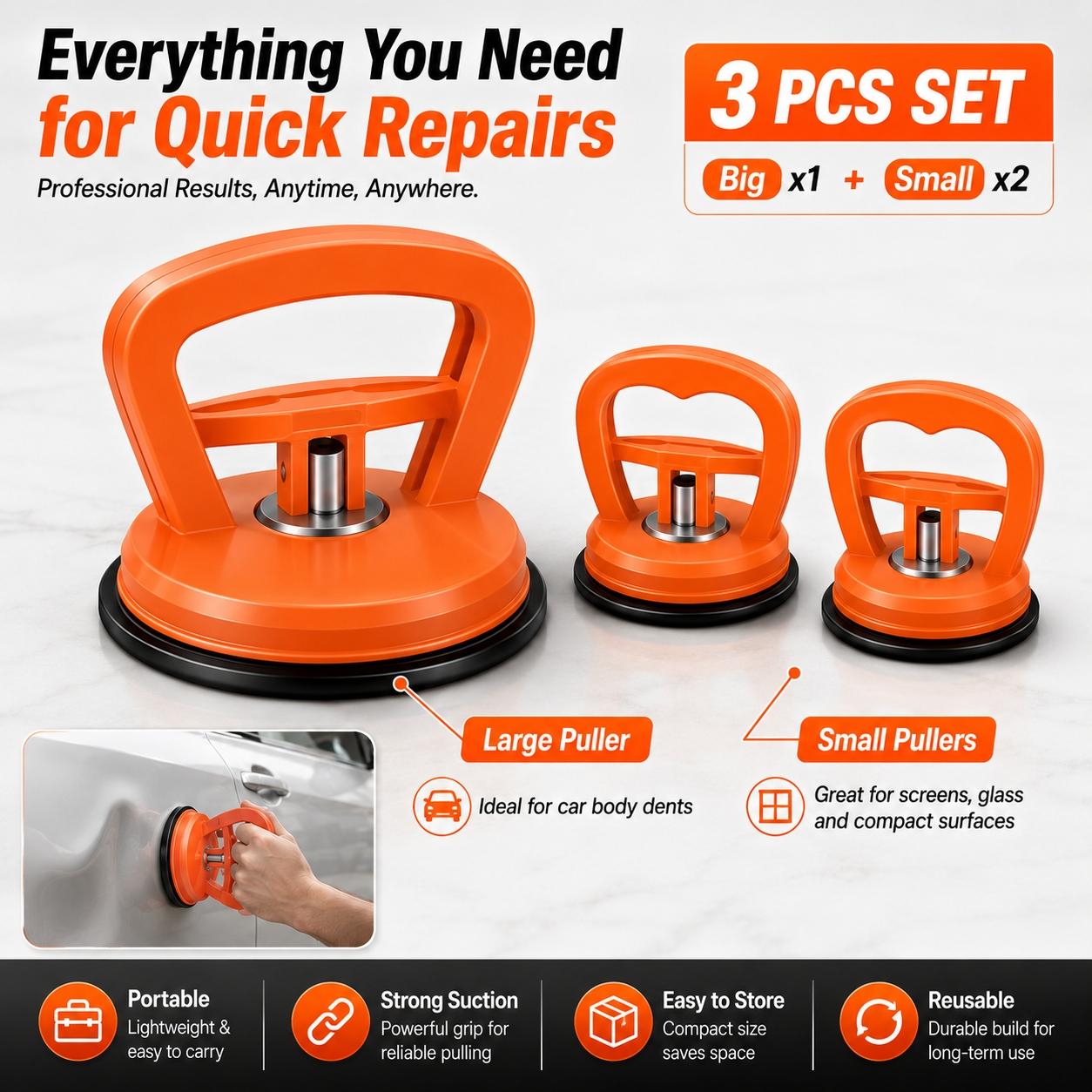 3 Pack Car Dent Puller, Suction Cup Dent Remover Tool, Portable, Compact Suction Cups for Glass Vehicle Body Repair Kit Handle Lifter for Car Body, Doors, Glass, Tiles & Smooth Surfaces, Dent Remover Tool for Daily Use