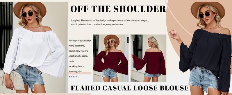 Imily Bela Womens Wide Sleeve Boat Neck Loose Blouse Tops - Long Sleeve Fitted Casual Summer Blouse for Daily Wear - Blue