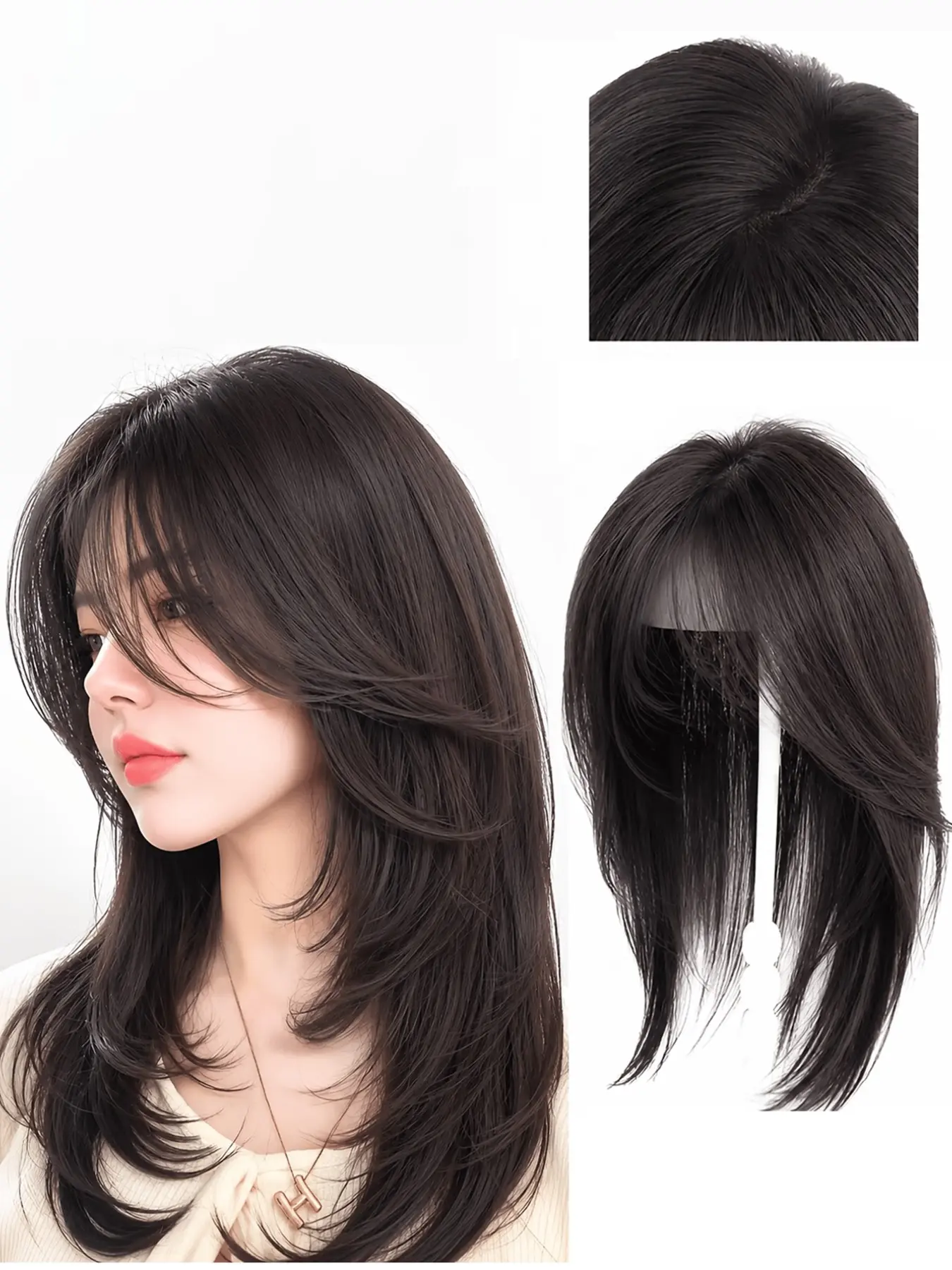 Women's Clip-On Hair Topper with Side-Swept Bangs, Breathable Mesh Base, Handmade Layered Synthetic Fiber Hairpiece, Medium-Length Design