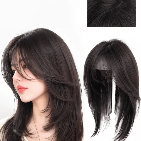 Women's Clip-On Hair Topper with Side-Swept Bangs, Breathable Mesh Base, Handmade Layered Synthetic Fiber Hairpiece, Medium-Length Design, Wigs with Bangs