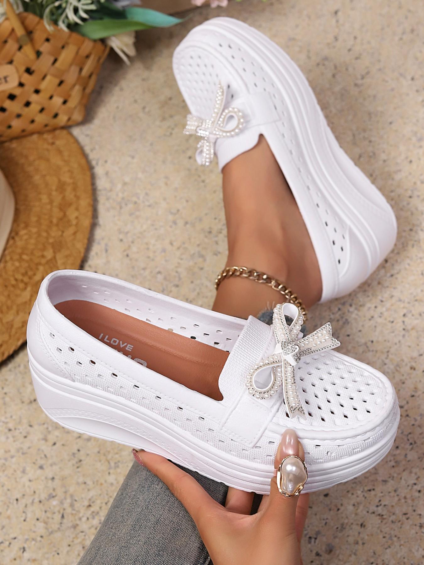 Summer New Metal Buckle, Bowknot, Pearl Decorative Hollow Out Breathable Platform Shoes, Thick Sole Heeled Loafers, Slip-On Lazy Shoes