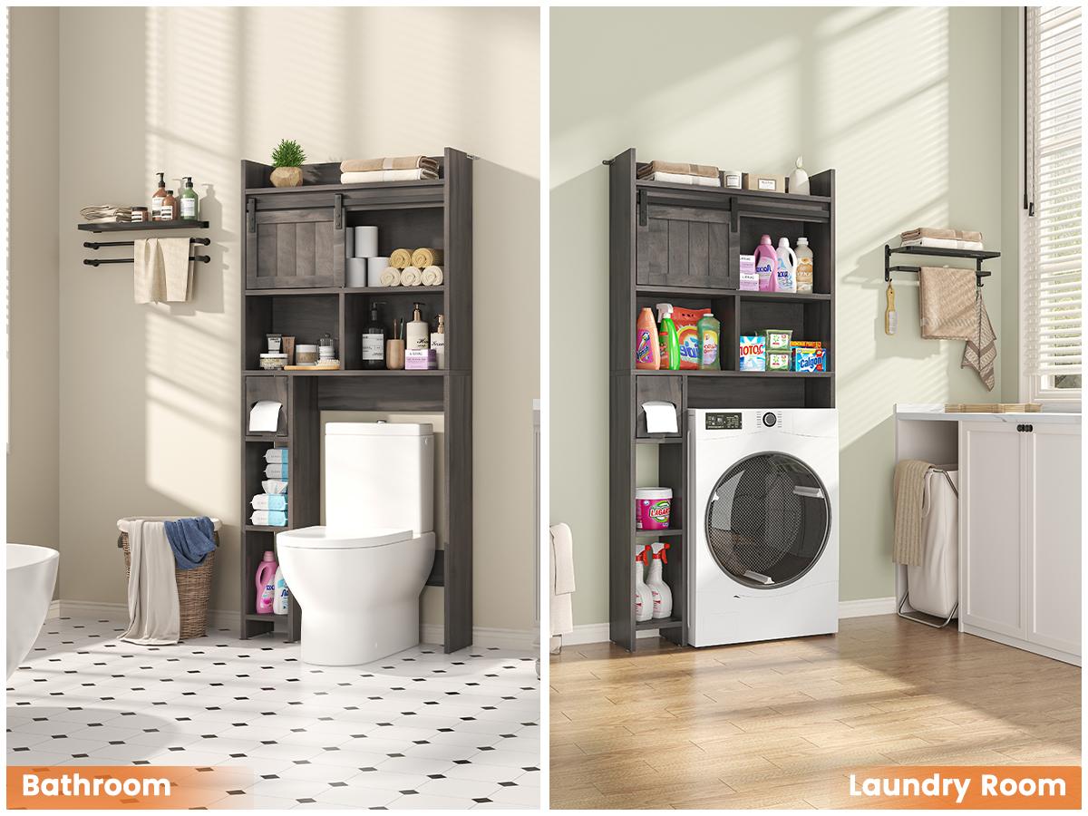 Over-The-Toilet Storage Cabinet with Sliding Door & Toilet Paper Holder Stand, Bathroom Organizer with Side Storage for Restroom