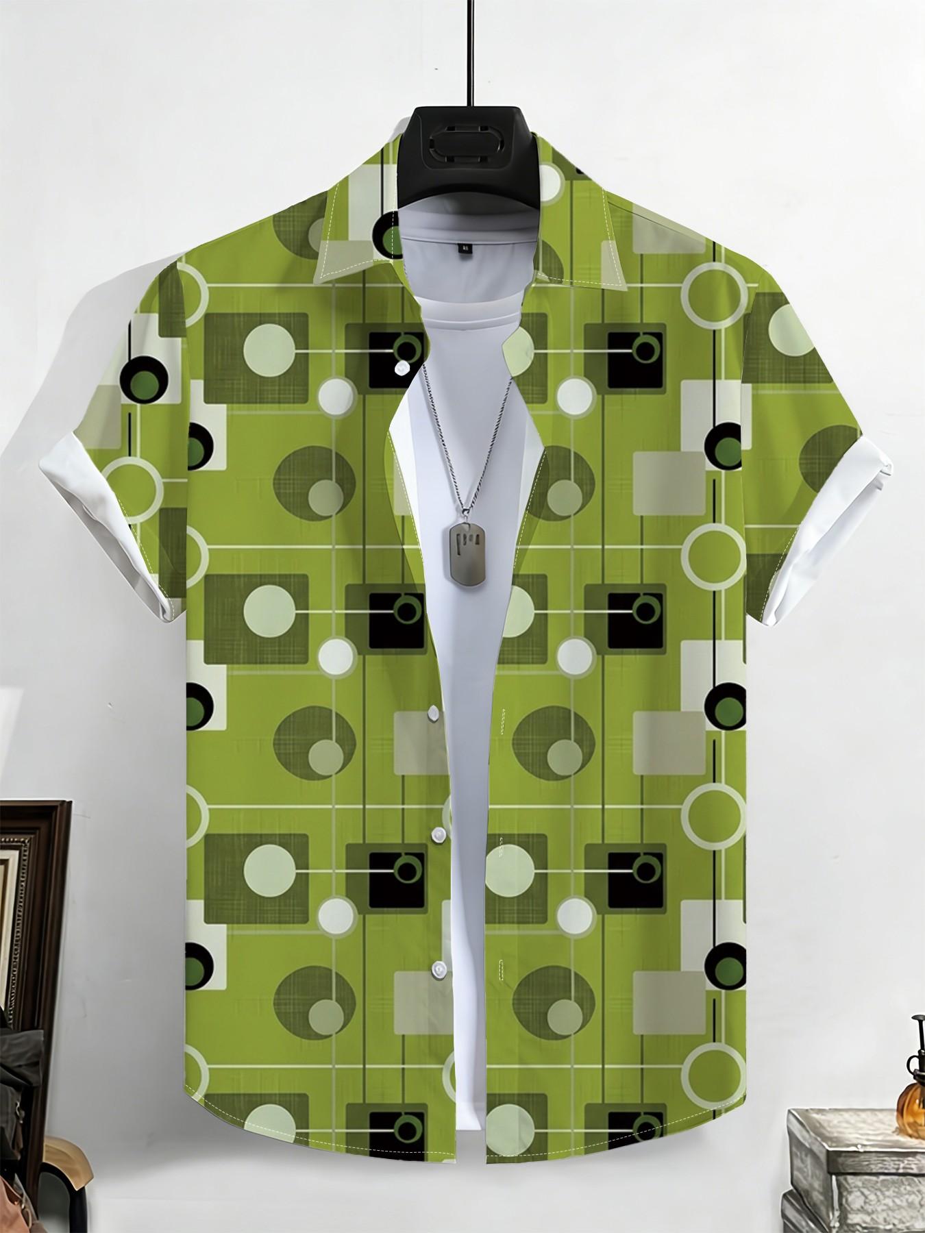 New Summer Men's Short Sleeve Shirt, Vintage Geometric Pattern, Casual Breathable Beach Holiday Hawaiian Shirt, Slim-Fitting