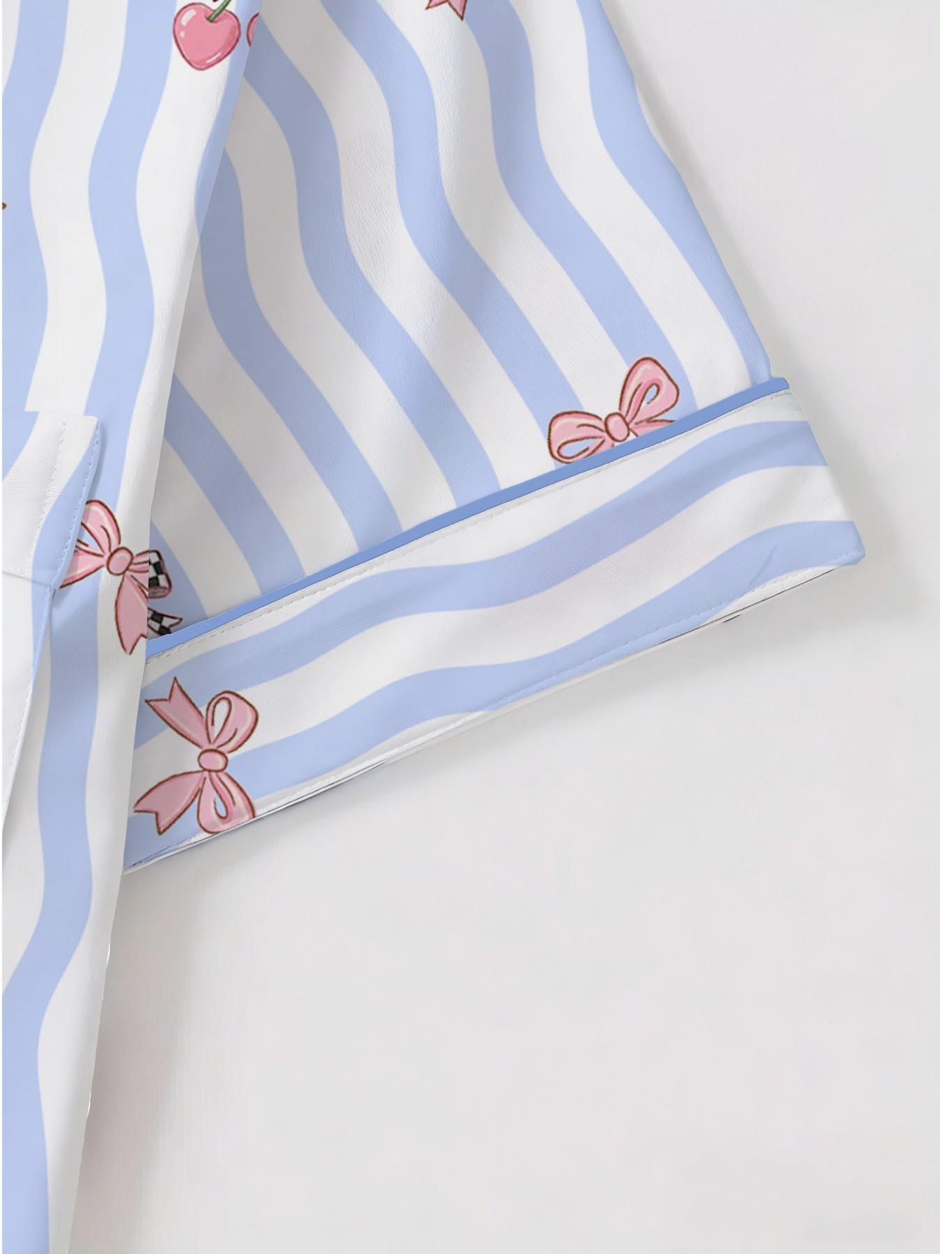 Women's Short Sleeve Button Down Top and Shorts Pajama Set, Spring Summer Wear, Loose Loungewear, For Preppy Style Lovers, Blue White Striped Preppy Cherry Print, Classic Lapel Collar, Loose Fit, Comfortable For Study & Relaxing, Matching Pj Set Women's Short Sleeve Button Down Top and Shorts Pajama Set, Spring Summer Wear, Loose Loungewear, For Preppy Style Lovers, Blue White Striped Preppy Cherry Print, Classic Lapel Collar, Loose Fit, Comfortable For Study & Relaxing, Matching Pj Set