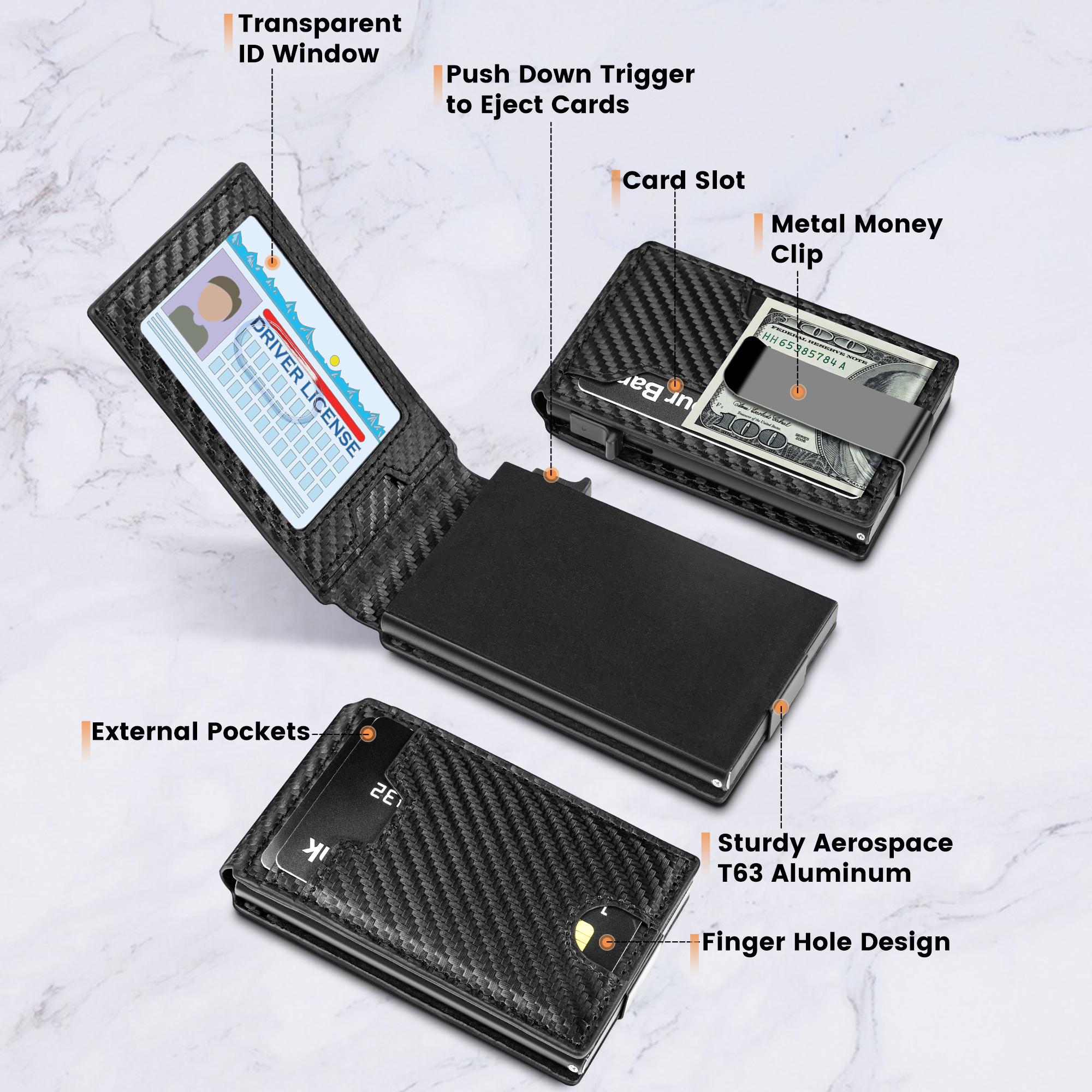 Minimalist Wallet for Men - with Money Clip Slim Leather Credit Card Holder RFID Blocking Bifold Carbon Fiber Wallet Pop Up Case