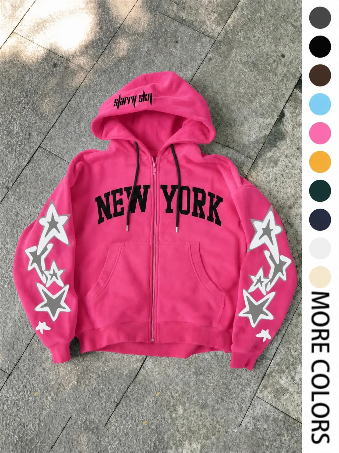 Men's New York Letter Print Zip Up Hoodie, Star Graphic Sleeves, Long Sleeve, Oversized Casual Streetwear Jacket, Multiple Colors for Fall and Winter