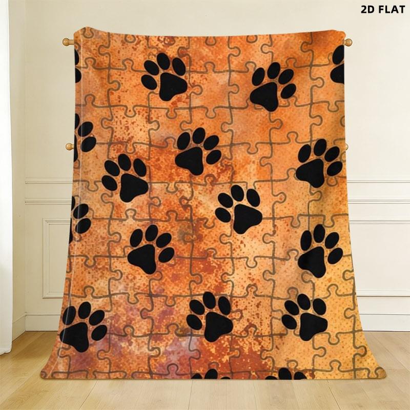 Paw Print Puzzle - Style Throw Blanket, Single - Sided Printed, Multiple Specifications Available, Warm Earthy Gradient Background, Playful Design for Pet Lovers, Ideal for Napping & Home Decor