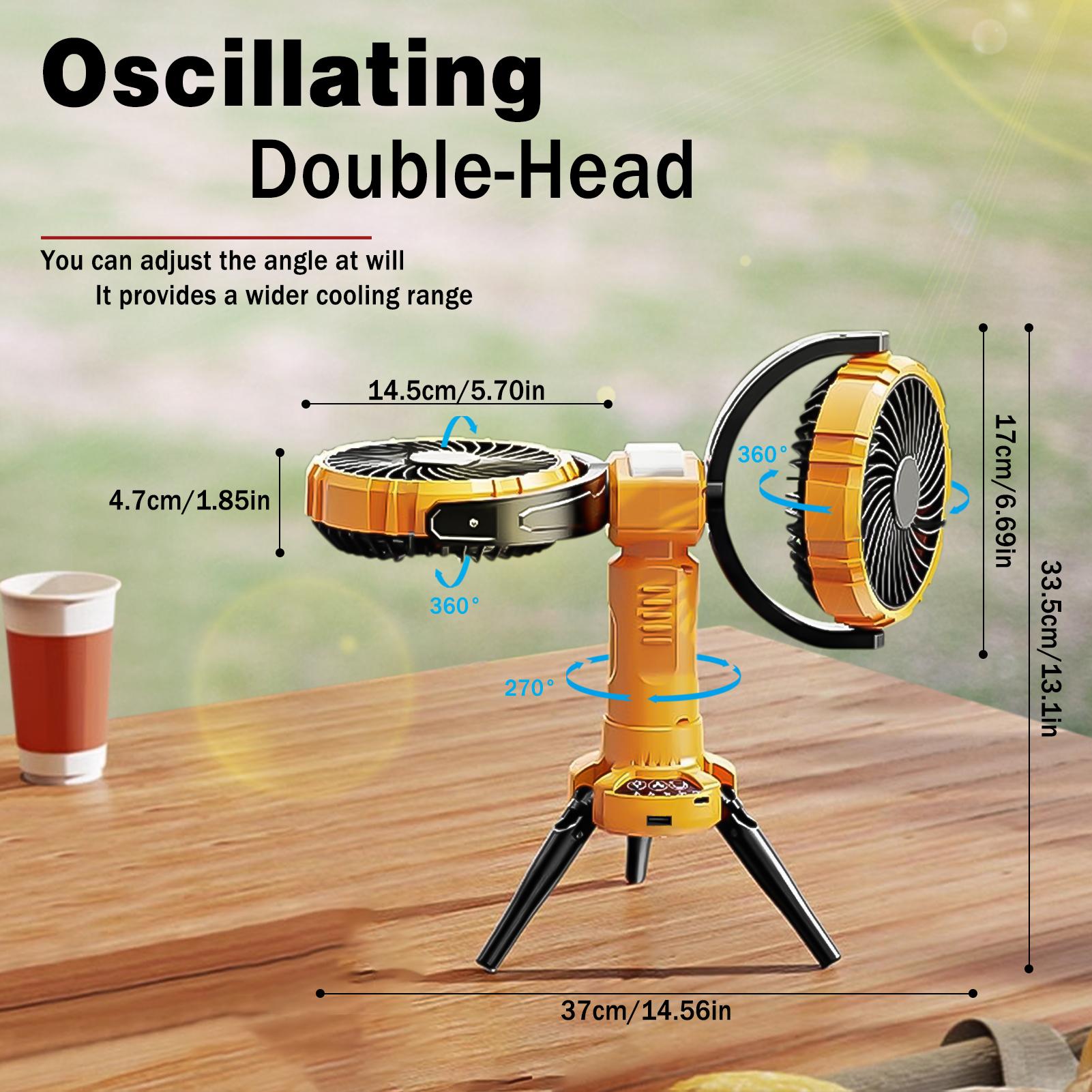 XTAUTO Rechargeable Camping Fan with LED Light, 8000mAh Battery Operated Portable Outdoor Fan, 270° Oscillating 360° Rotation Tent Fan for Beach Travel Fishing Home, Yellow Camping Fans