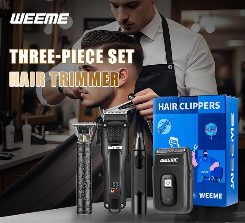 Weeme 3pcs/4pcs Blue Home Electric Hair Trimmer Set, USB Rechargeable, T-Head Trimmer, Shaver, Nose Hair Trimmer, Holiday Gift for Boyfriend, Hair Clippers Set