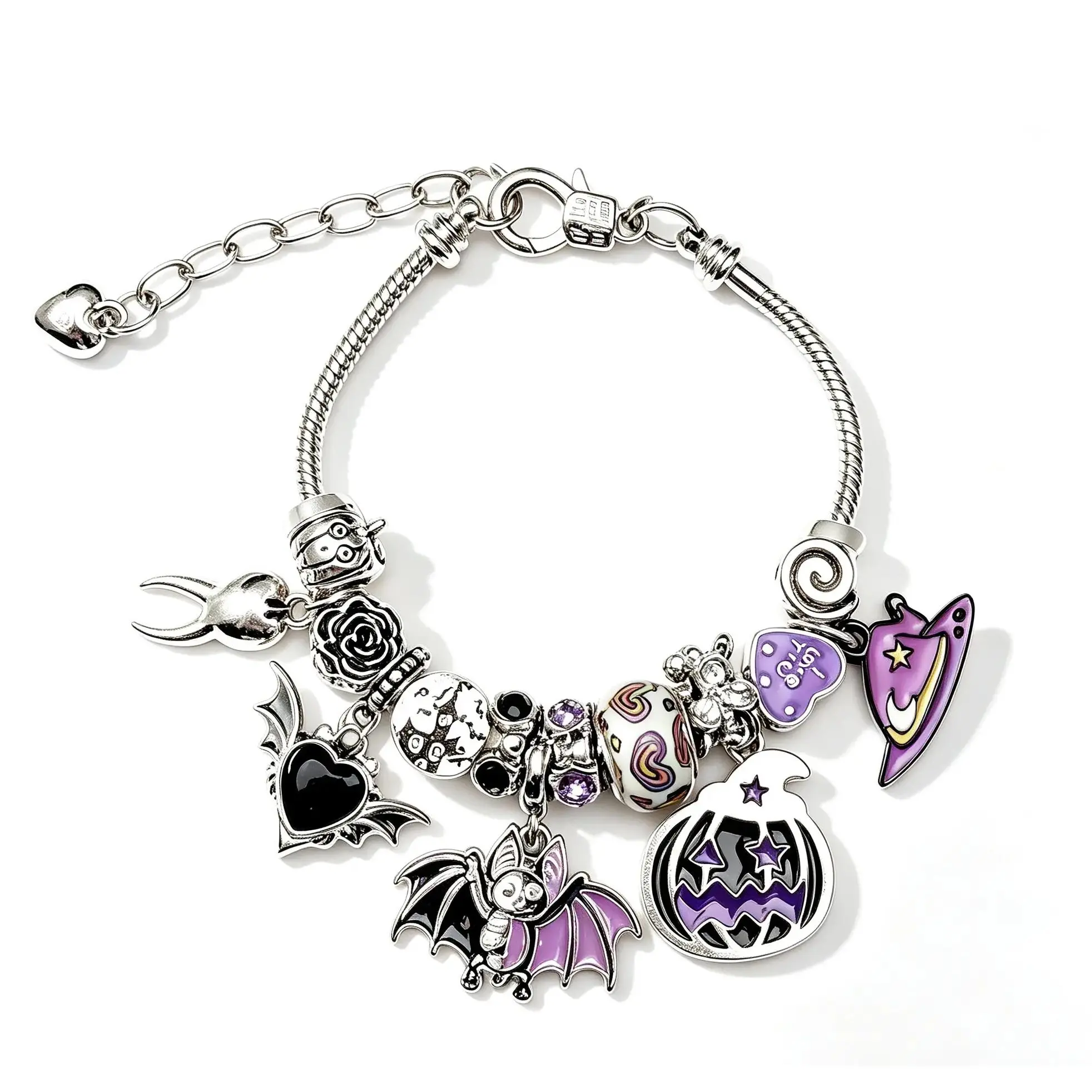 Gothic Halloween Bat & Pumpkin Charm Bracelet, Silver-Tone Snake Chain with Purple Enamel & Black Heart Beads, Edgy Jewelry for Women