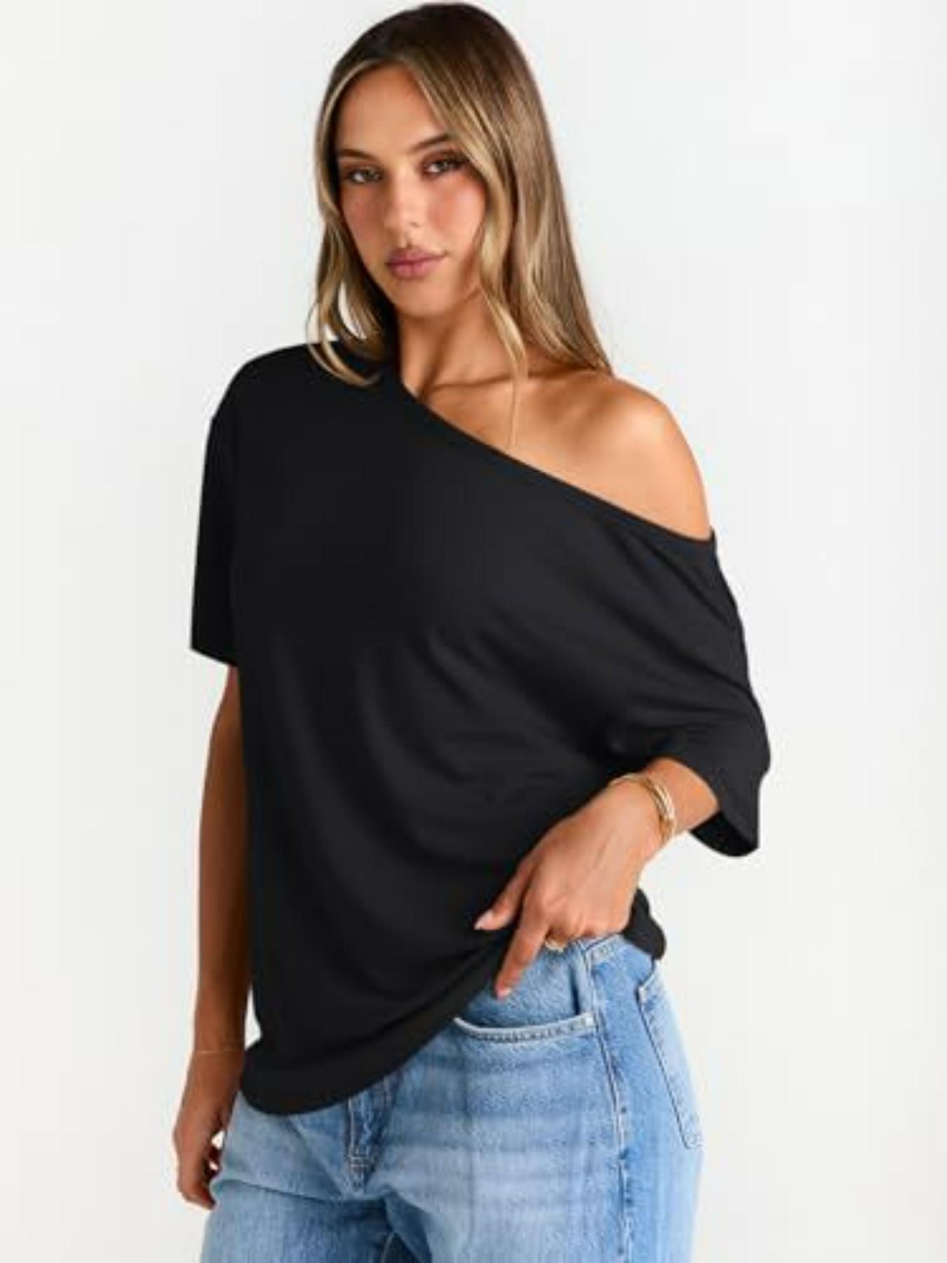 2026 Women Summer Casual Off Shoulder T Shirts Batwing Short Sleeve Loose Solid Color Basic Tee Tops