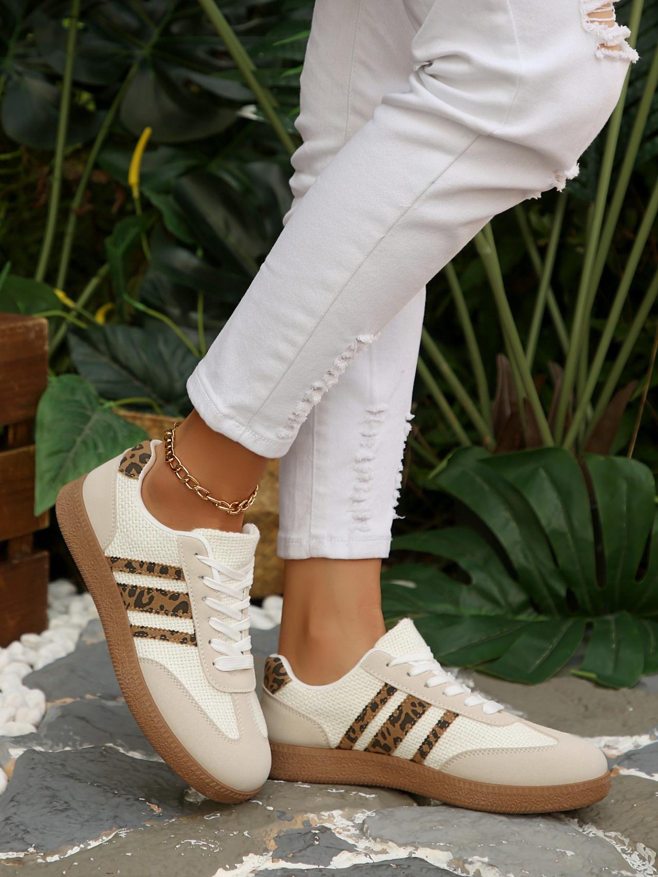 Women's 2.5cm Platform Leopard Print Sneakers, Black/Beige, Retro 3-Stripe Casual Shoes