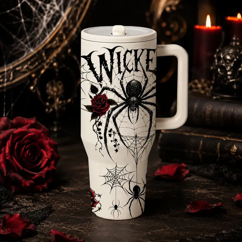 1‑Piece 40oz Insulated Mug, Double Wall Leak‑Proof Large Handle Thermal Cup, Keeps Hot 12 Hours and Cold 24 Hours, Dark Gothic Print Gift for Women and Men, Halloween Holiday, Office Travel Daily Use, Drinkware