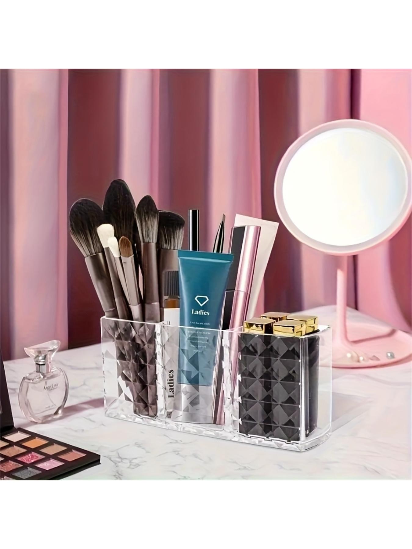 Large Capacity Clear Divided Makeup Brush Organizer - No Assembly Required, Lightweight Stable Base, Geometric Pattern Polished Surface, Storage for Lipsticks, Eyeshadows, Cosmetics & Skincare, Perfect for Vanity & Bathroom Countertop