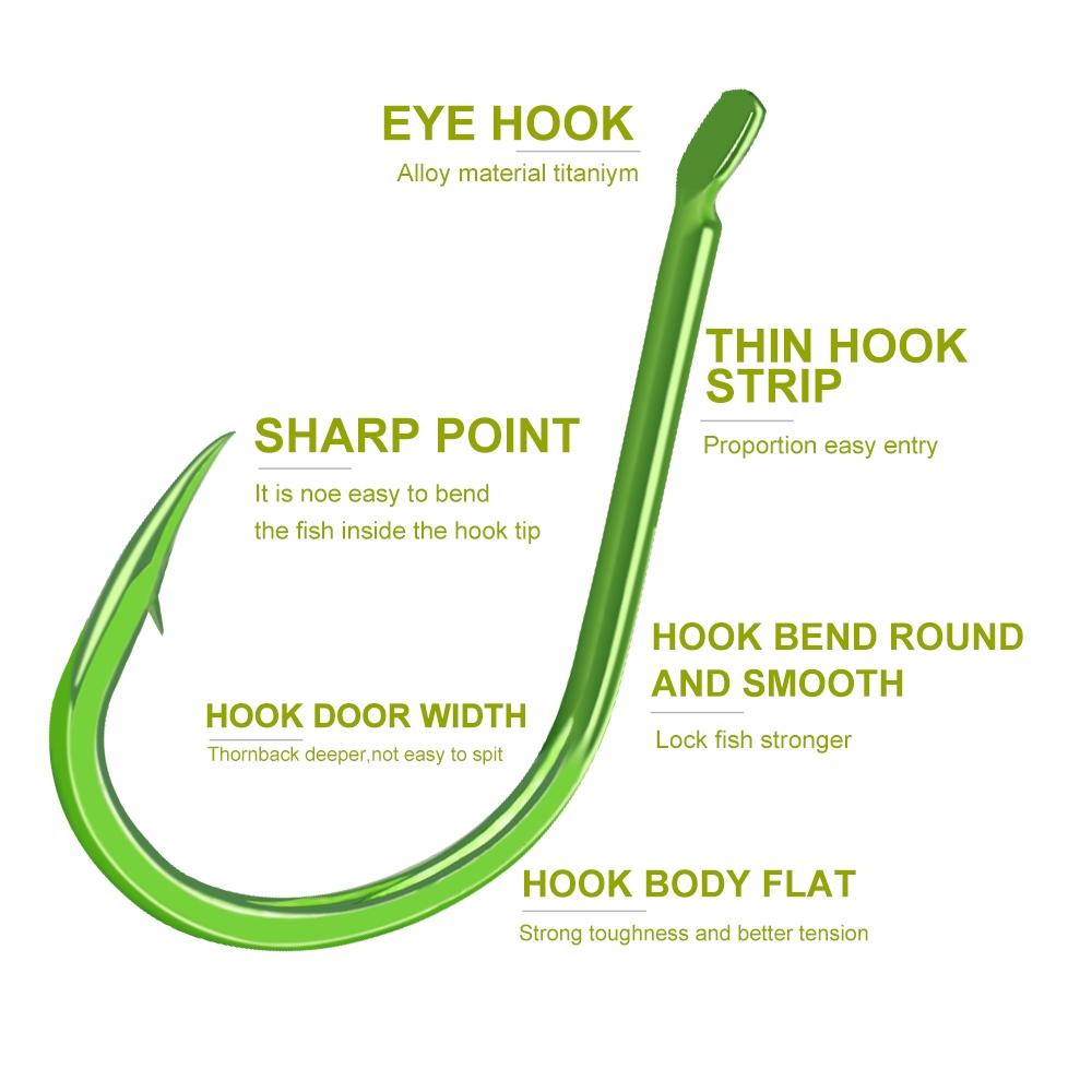 FTK Ise-Ni Fishing Hooks, Fluorescent Green, Flattened, 100pcs Stainless Steel, High-Carbon Steel, Barbed