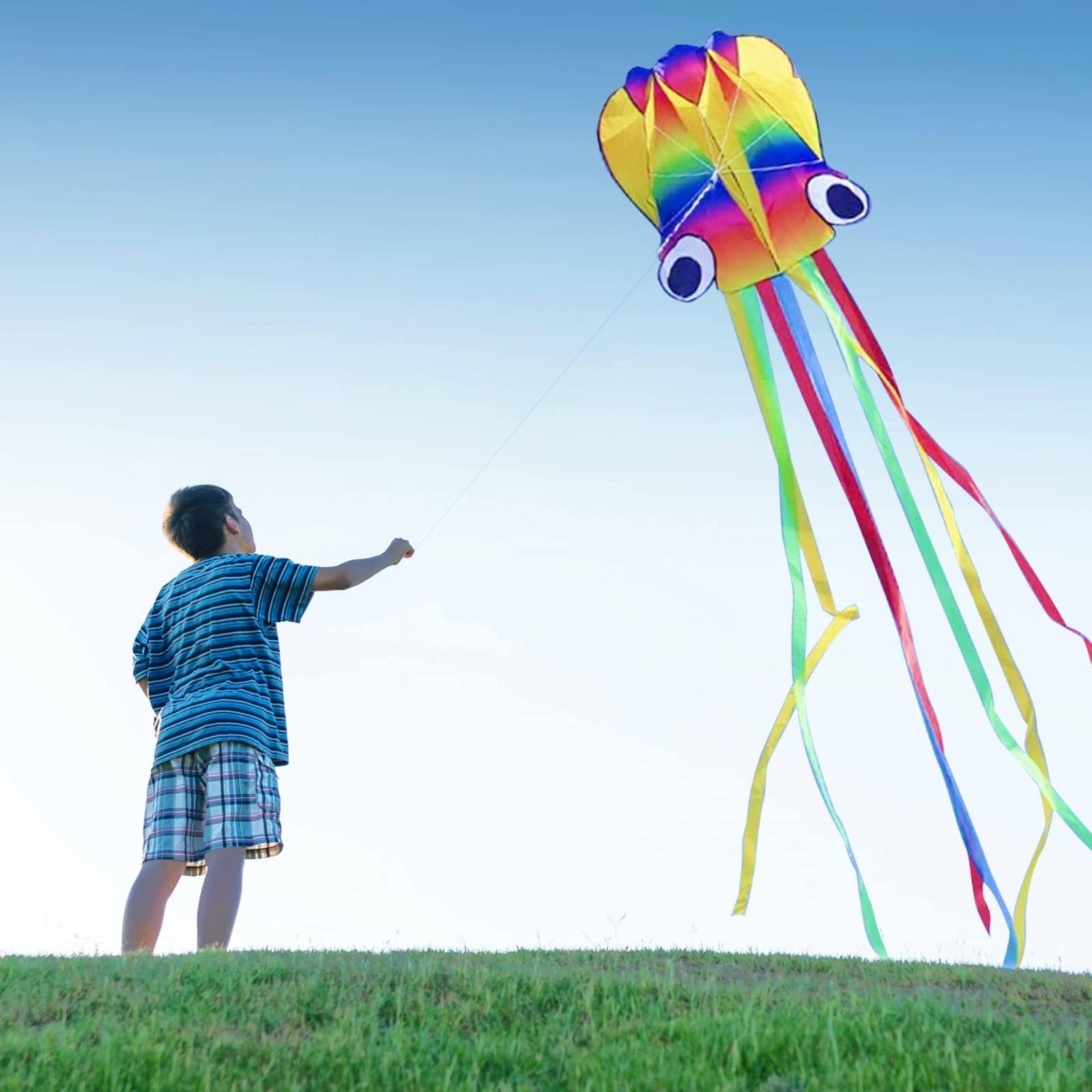 Huge Rainbow Soft Octopus Kite for Adults, Large Kite with Long Tail 100m Line and Handle, Great Gift for Boys Girls, Beach Trip Outdoor Game