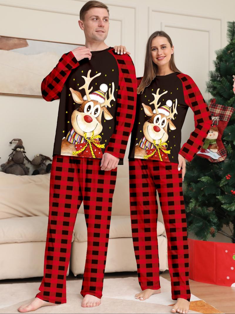 Plaid Shoulder Pad Sleeves 'cute Reindeer' Parent-Child Pajama Set, Family Matching Color Block Pattern, Festive Christmas Wear