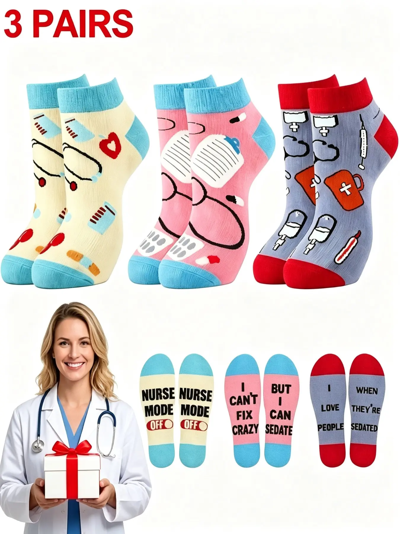 3 Pairs Novel Nurse Print Low Top Women's Ankle Socks, High Elastic Breathable, Versatile Home & Accessory, Perfect Gift for Various Holidays