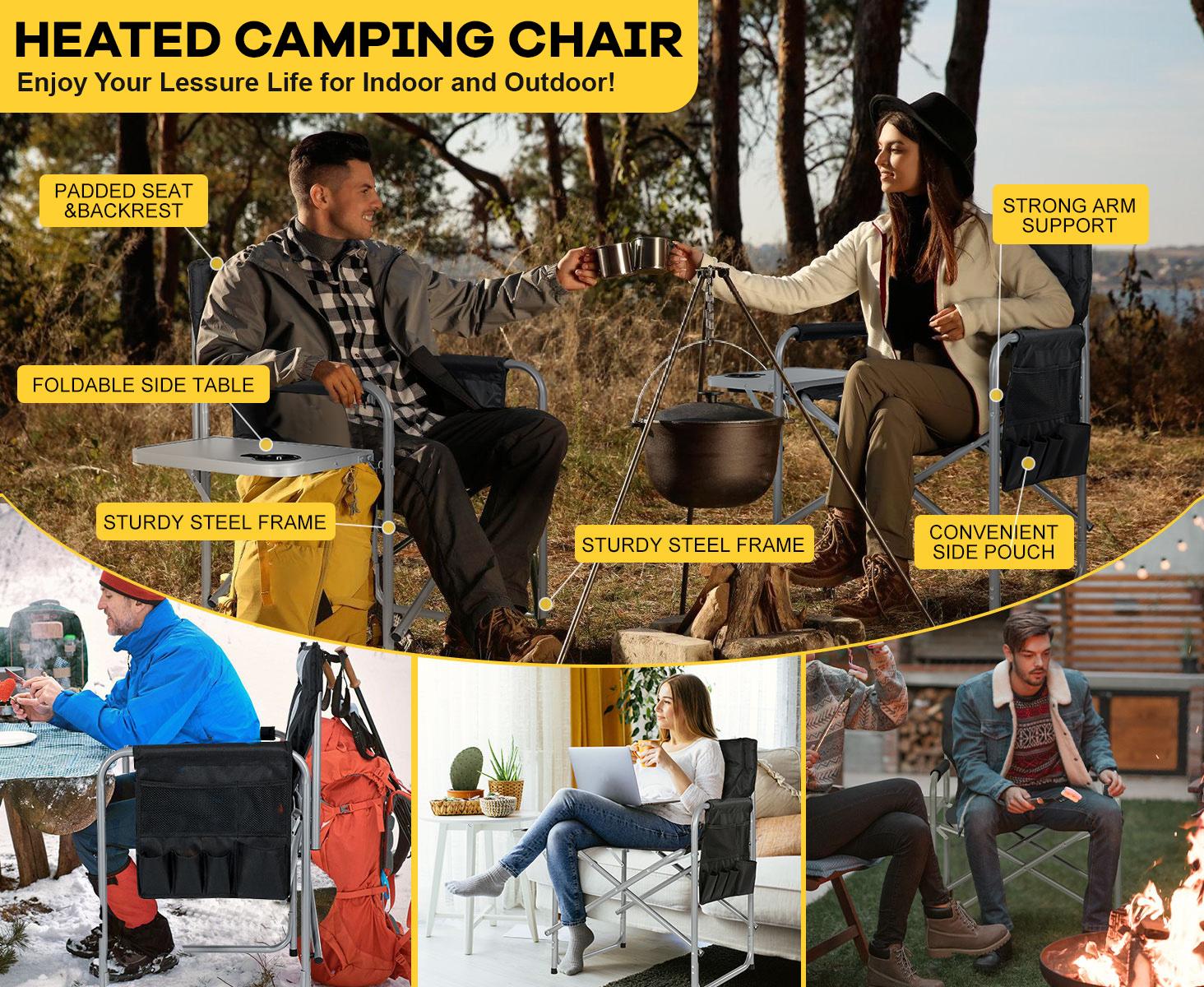 SLSY Heated Director Chair Camping Chairs for Adults with Side Table, Folding Portable Lawn Chairs or Outdoor Camping, Travel, Picnic, Support 5500lbs【Batteries not included】