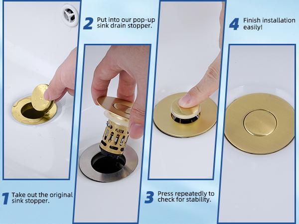 Hibbent Upgraded 3 in 1 Bathroom Sink Drain Strainer, Universal Pop Up Stopper with Removable Stainless Steel Filter Basket Hair Catcher, Sink Plug for 1.1''~2.36'' Basin, Brass Core, Brushed Gold